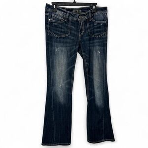 Decree Women's Size 7 Dark Blue Boot Cut Distressed Low Rise Jeans Y2K